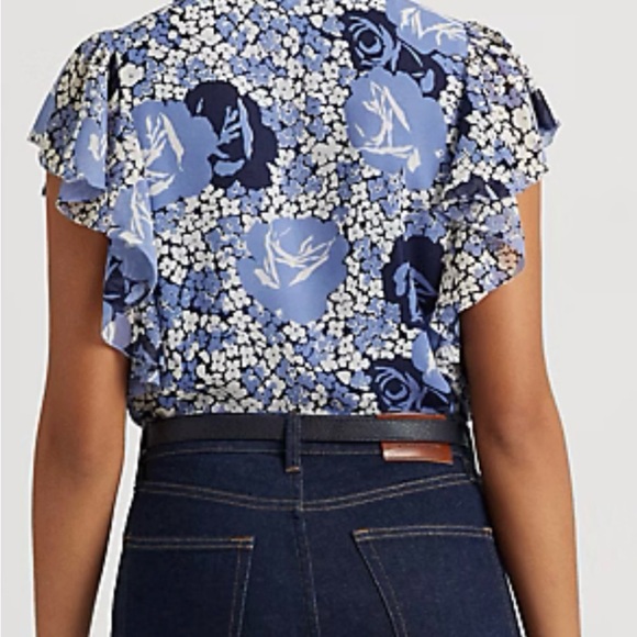 NWTs Ralph Lauren Floral Crinkle Georgette Shirt Blue $125 msrp Large LG - Picture 3 of 7